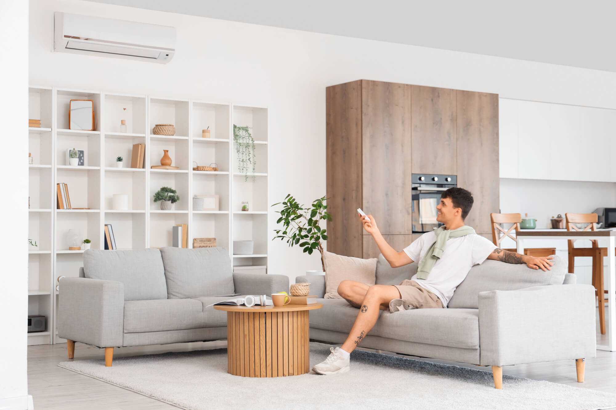Man relaxing on a sofa using a remote to adjust a wall-mounted split system air conditioner in a bright, modern Albury home.